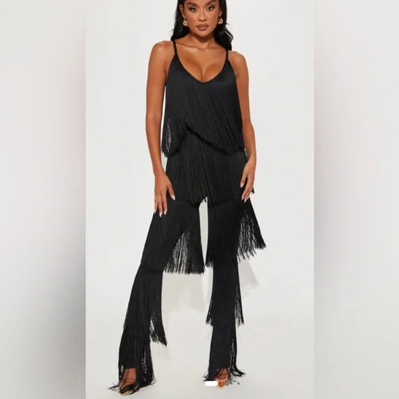 Elegant Black Fringe Jumpsuit- Large - Picture 2 of 3